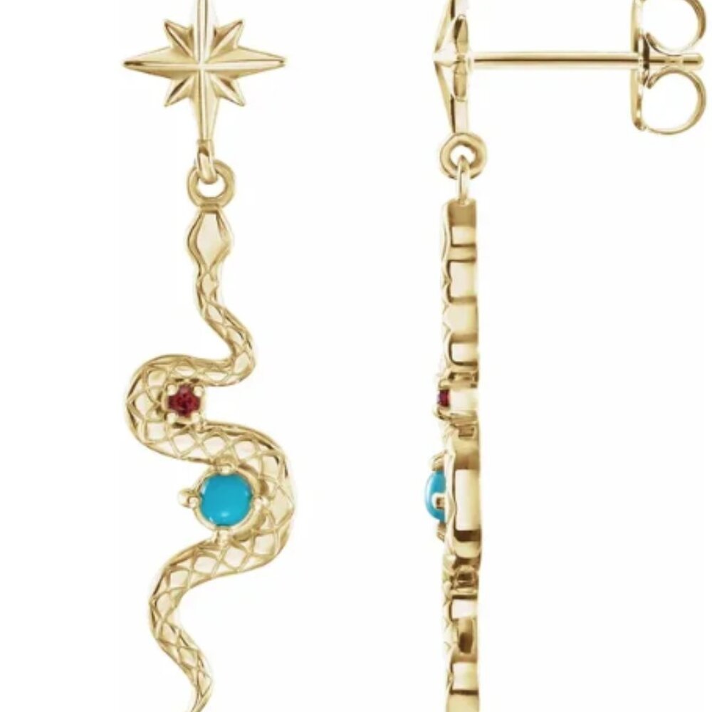14K Yellow Natural Turquoise & Natural Ruby Snake Earrings